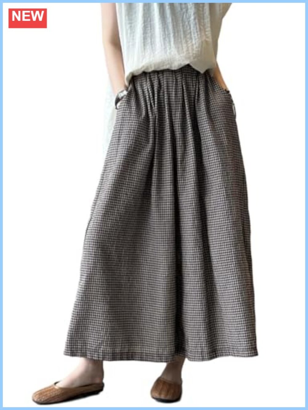 Linen Cotton Palazzo Pants Wide Leg Gingham Plaid Trousers Pockets